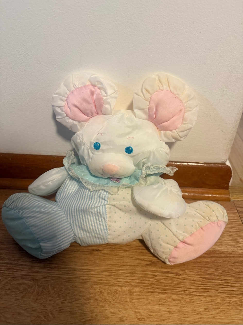VTG 80s Fisher Price Baby Puffalump Stuffed Mouse Baby Rattle Nylon Plush 10”
